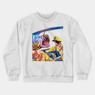 Terrifying Encounter: Two Sailors Confronted by Aquatic Monster in the Deep Ocean Depths Within Retro Vintage Submarine Crewneck Sweatshirt